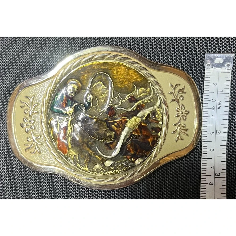 MBCI Belt Buckle Mens Gold Tone Western‎ Cowboy Rodeo Roping Longhorn Enamel